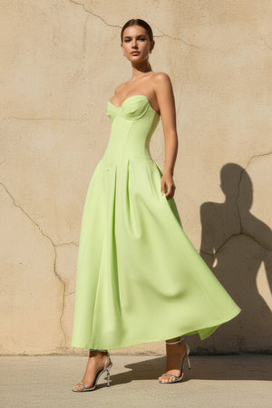 Sheisme-Sage Taffeta Strapless A-Line Midi Evening Formal Dress