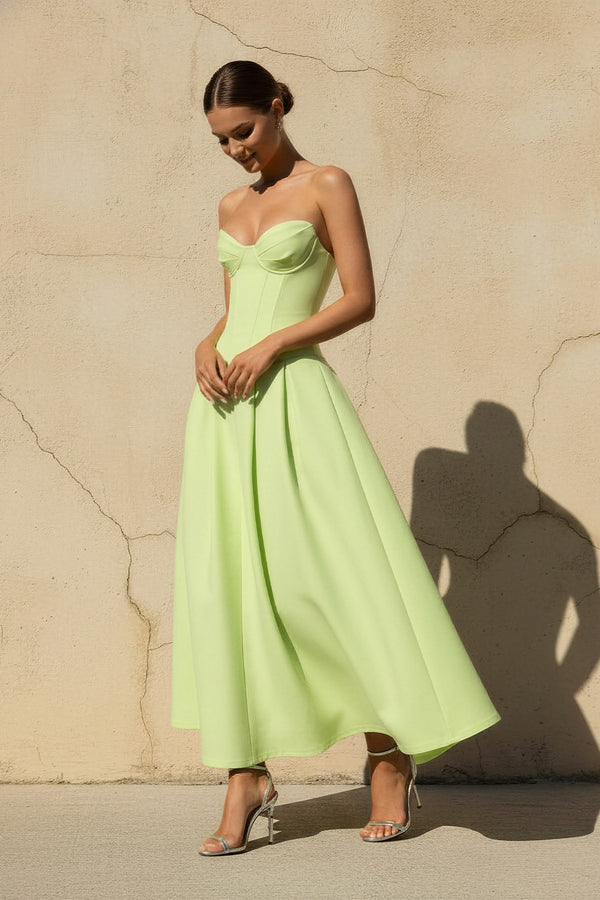 Sheisme-Sage Taffeta Strapless A-Line Midi Evening Formal Dress