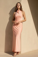 Satin Cowl Neck Midi Dress in Coral Pink - SHE IS ME