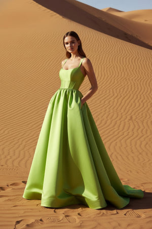 Sheisme-Green Satin Spaghetti Straps A-Line Maxi Evening Formal Dress