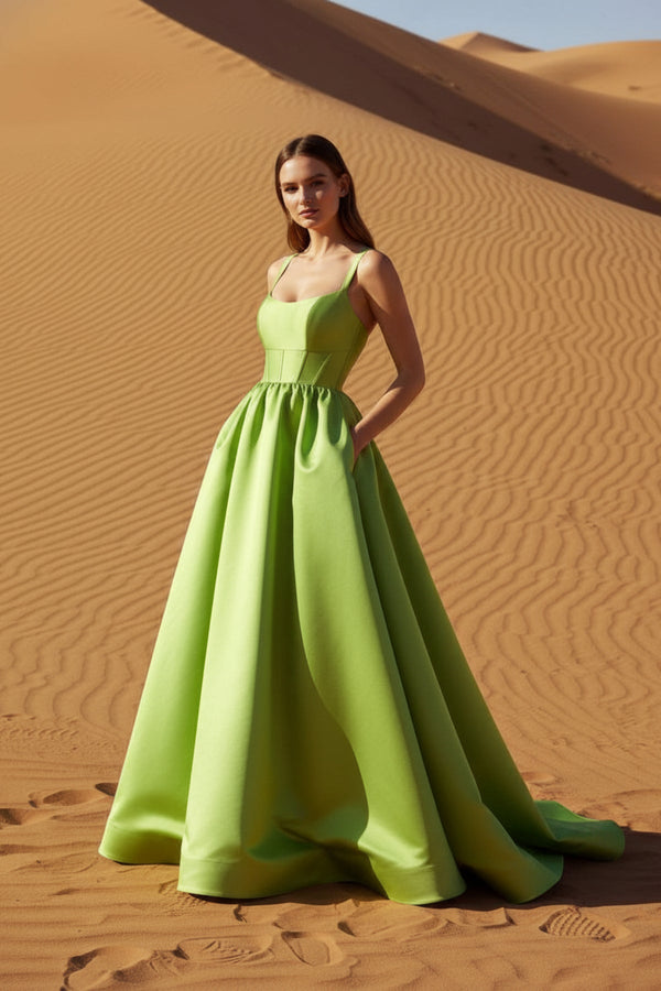 Satin Gown With Pockets in Green - SHE IS ME