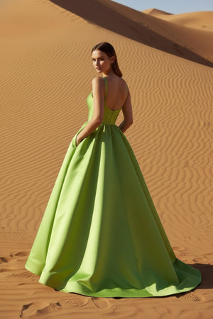 Sheisme-Green Satin Spaghetti Straps A-Line Maxi Evening Formal Dress