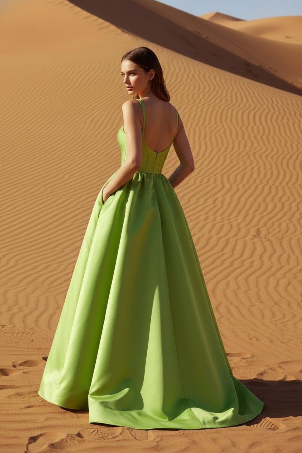 Satin Gown With Pockets in Green - SHE IS ME