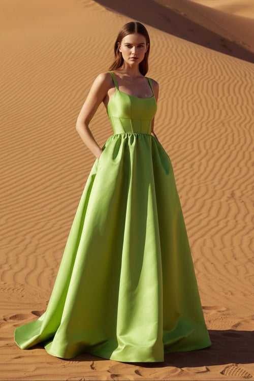 Sheisme-Green Satin Spaghetti Straps A-Line Maxi Evening Formal Dress
