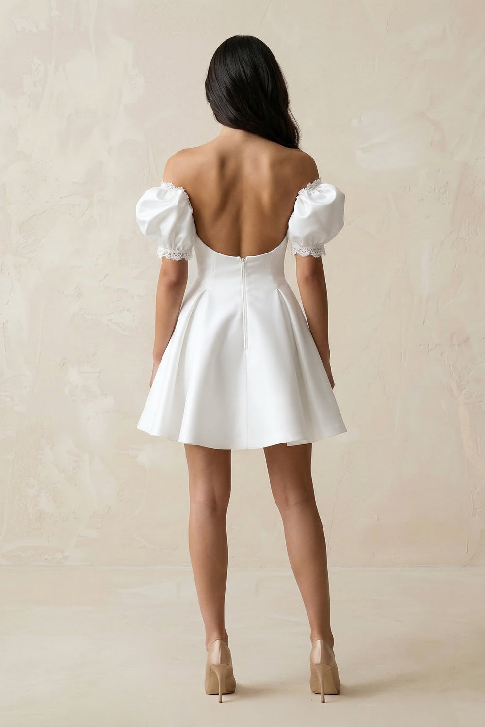 Satin Lace Off - the - Shoulder A - Line Wedding Dress in White - SHE IS ME Wedding Dresses