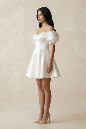 Satin Lace Off - the - Shoulder A - Line Wedding Dress in White - SHE IS ME Wedding Dresses