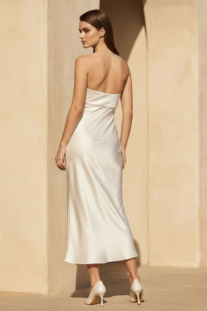 Satin Midi Dress with Lace Trim in Champagne - SHE IS ME