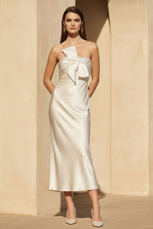 Satin Midi Dress with Lace Trim in Champagne - SHE IS ME