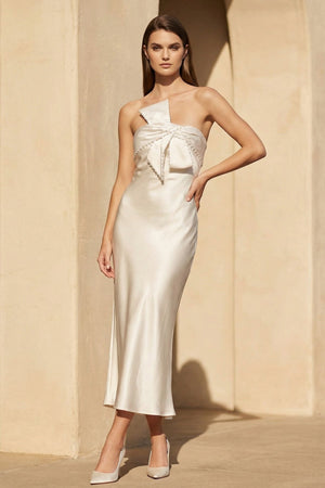 Satin Midi Dress with Lace Trim in Champagne - SHE IS ME