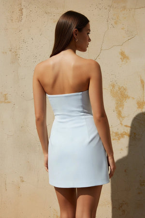 Satin Mini Dress with Flowers in Sky Blue - SHE IS ME