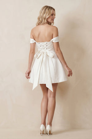 Satin Off-the-Shoulder A-Line Mini Wedding Dress in White