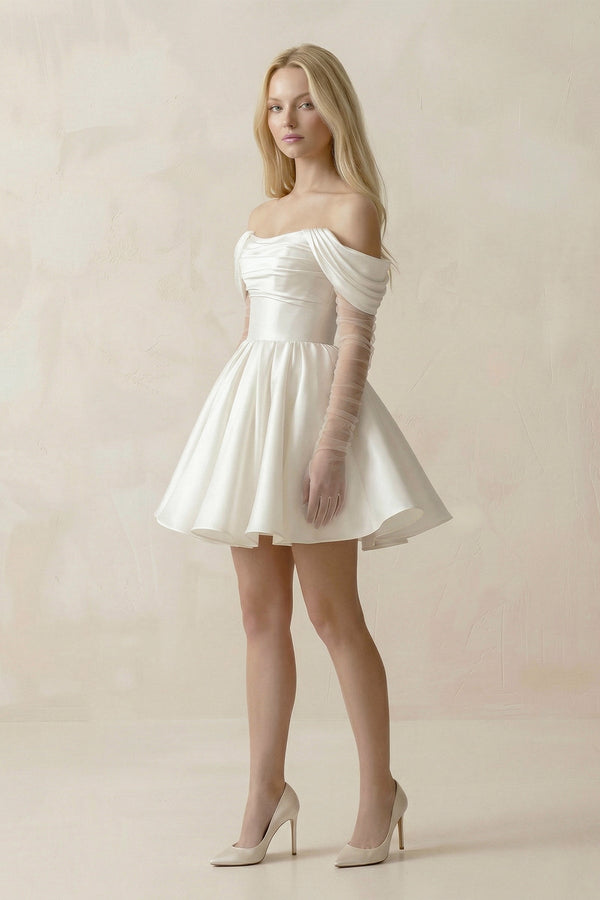 Satin Off - the - Shoulder A - Line Ruched Wedding Dress With Sleeves in White - SHE IS ME Wedding Dresses