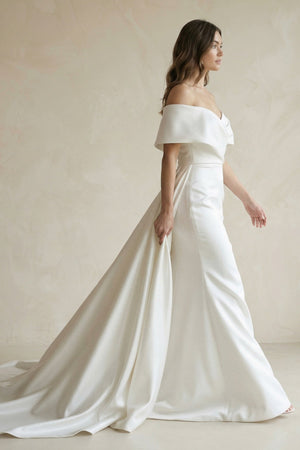 Satin Off - the - Shoulder Mermaid Weddding Dress With Cape Train in White - SHE IS ME Wedding Dresses