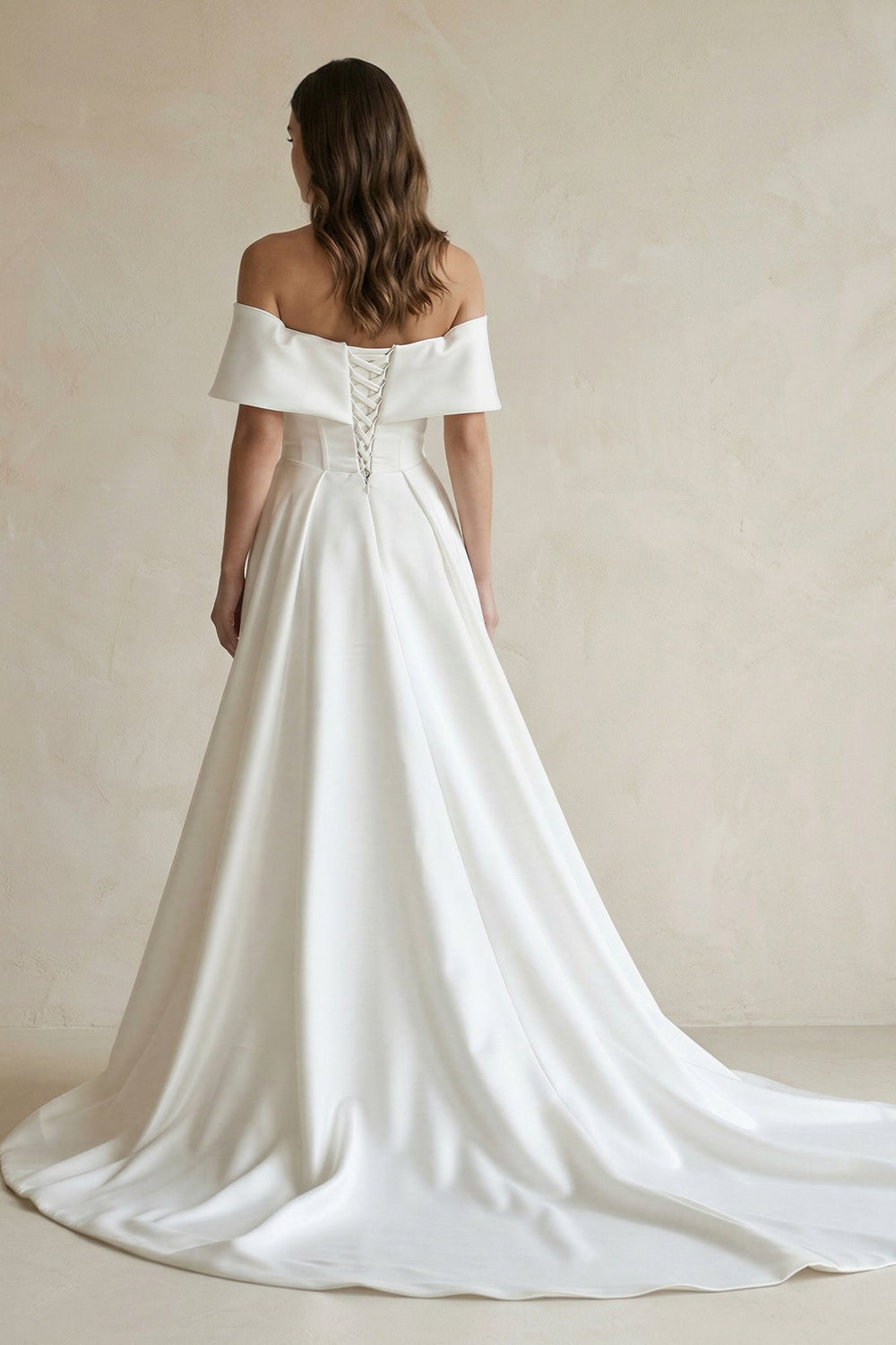Satin Off - the - Shoulder Mermaid Weddding Dress With Cape Train in White - SHE IS ME Wedding Dresses