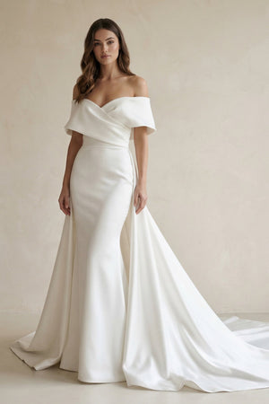 Satin Off - the - Shoulder Mermaid Weddding Dress With Cape Train in White - SHE IS ME Wedding Dresses