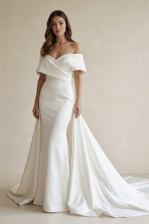 Satin Off - the - Shoulder Mermaid Weddding Dress With Cape Train in White - SHE IS ME Wedding Dresses