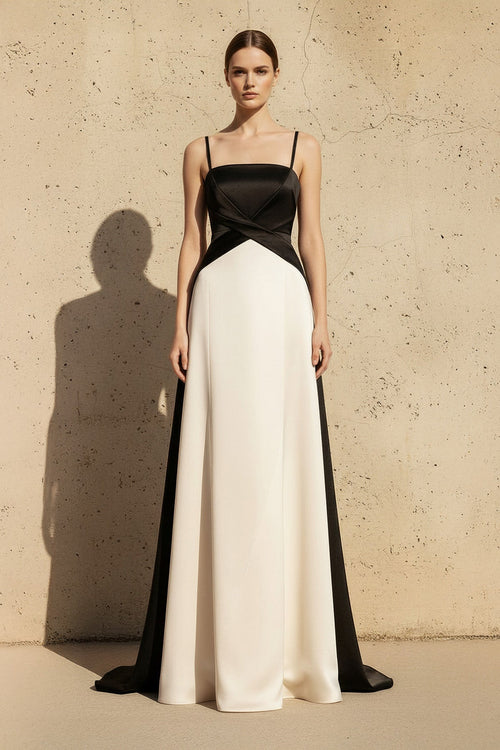 Satin Spaghetti Straps Maxi Dress in Black and Ivory - SHE IS ME