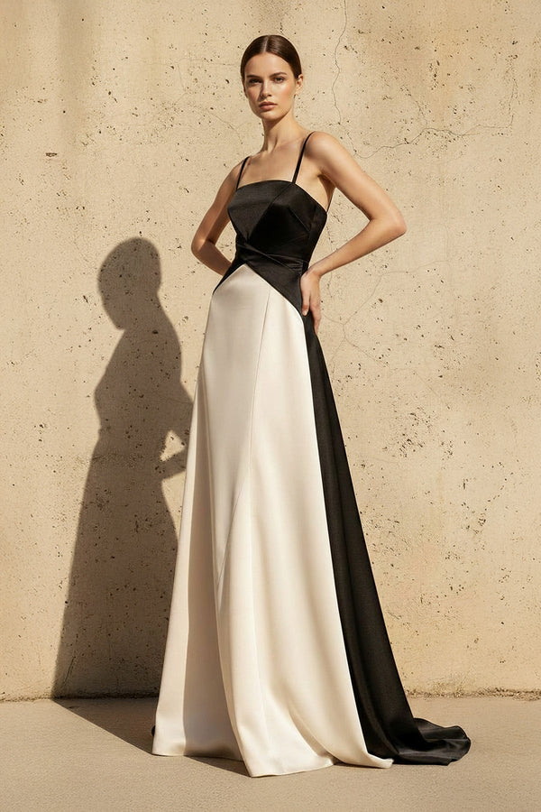 Satin Spaghetti Straps Maxi Dress in Black and Ivory - SHE IS ME PROM DRESSES