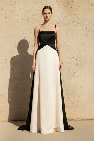 Sheisme-Black and Ivory Satin Spaghetti Straps A-Line Maxi Evening Formal Dress