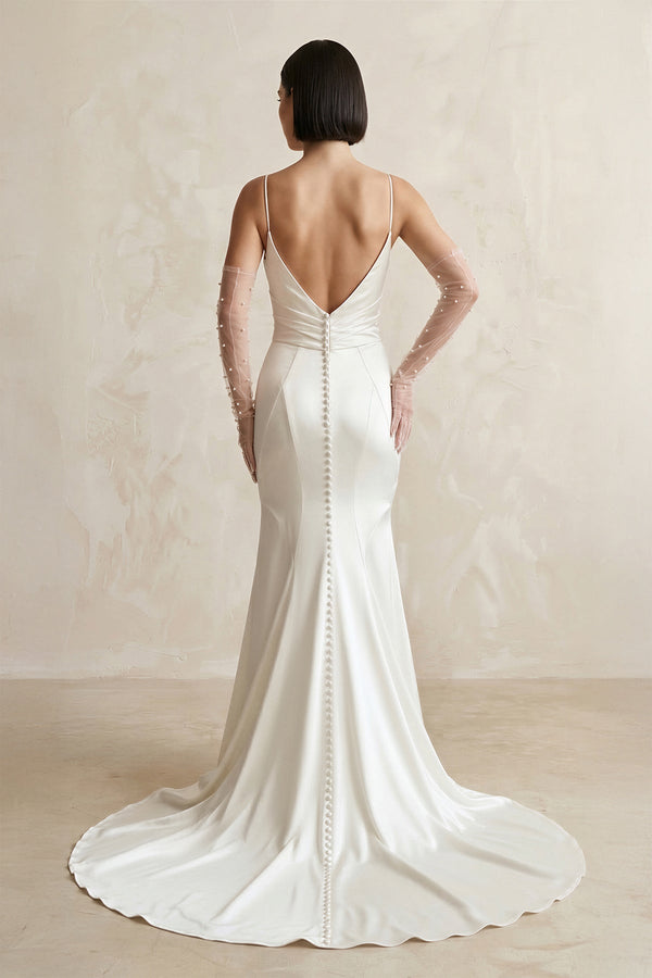 Satin Spaghetti Straps Mermaid Wedding Dress With Sleeve in White - SHE IS ME Wedding Dresses