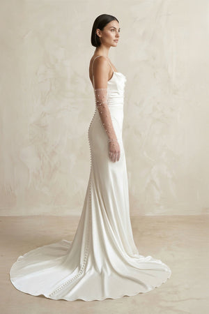 Satin Spaghetti Straps Mermaid Wedding Dress With Sleeve in White - SHE IS ME Wedding Dresses