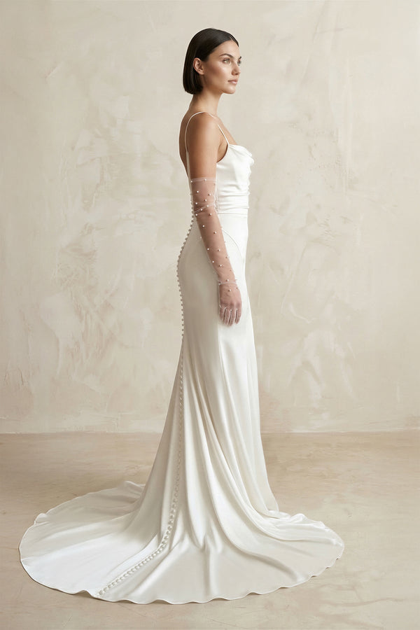 Satin Spaghetti Straps Mermaid Wedding Dress With Sleeve in White - SHE IS ME Wedding Dresses