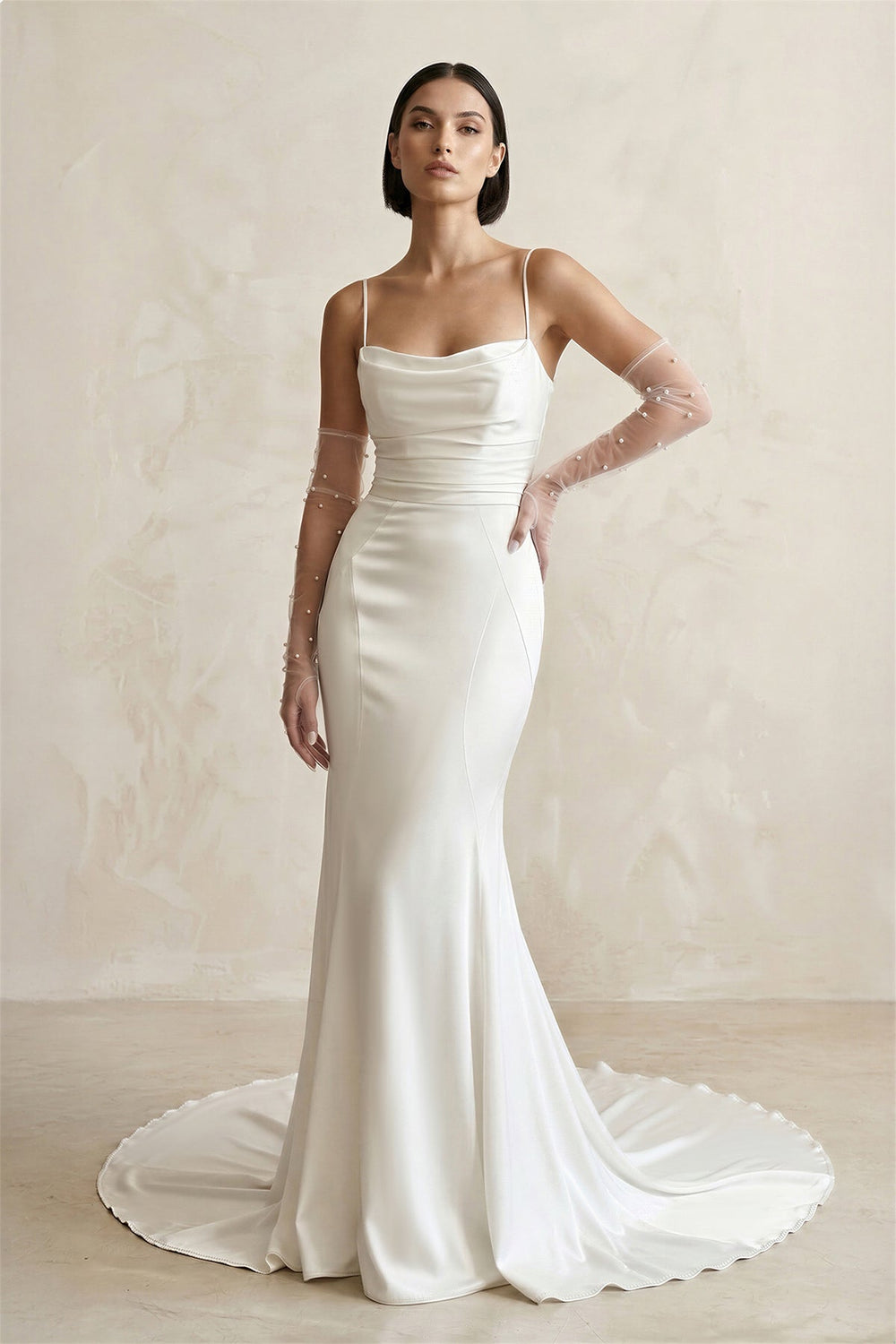 Satin Spaghetti Straps Mermaid Wedding Dress With Sleeve in White - SHE IS ME Wedding Dresses