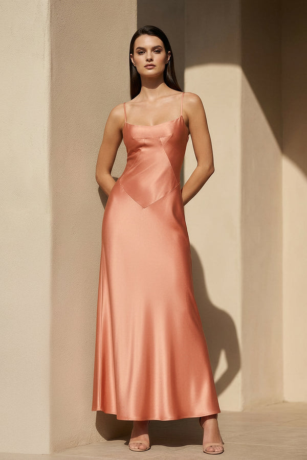 Satin Spaghetti Straps Midi Dress in Coral Pink - SHE IS ME