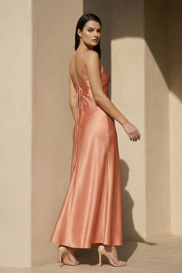 Satin Spaghetti Straps Midi Dress in Coral Pink - SHE IS ME