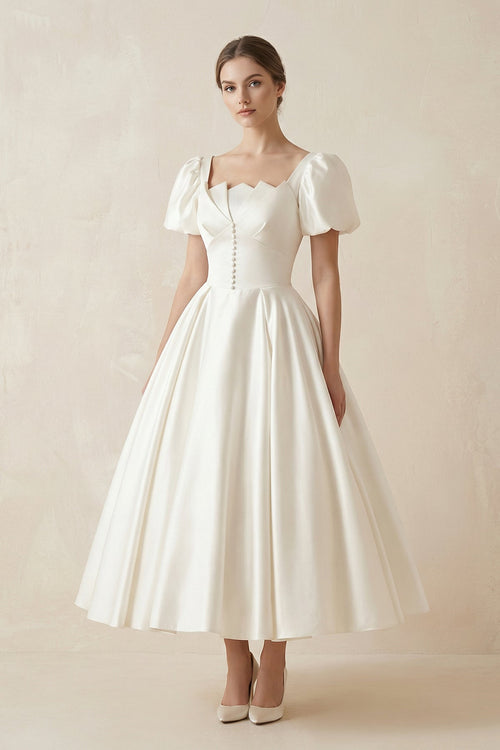 Satin Square Neck Short Sleeve Lace Up Wedding Dress in Ivory - SHE IS ME Wedding Dresses