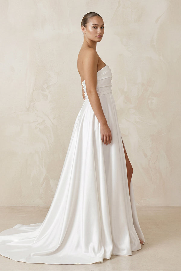 Satin Strapless A - Line Ruched Wedding Dress With Slit in White - SHE IS ME Wedding Dresses