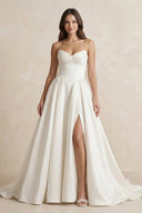 Satin Sweetheart A - Line Ruched Wedding Dress With Slit in Ivory - SHE IS ME Wedding Dresses