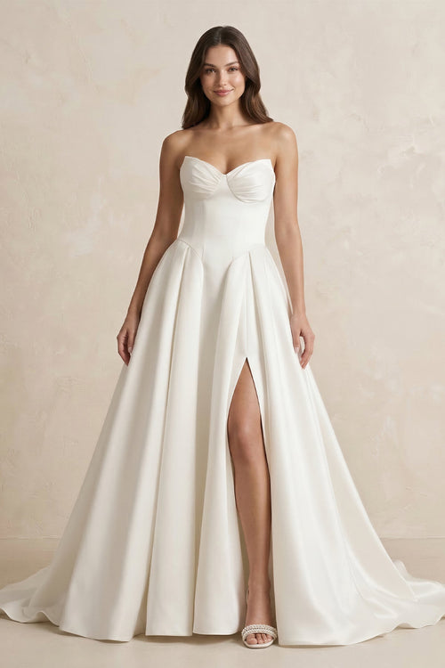 Satin Sweetheart A - Line Ruched Wedding Dress With Slit in Ivory - SHE IS ME Wedding Dresses