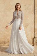 Scalloped Neck A Line Chiffon Wedding Dress in White and Nude - SHE IS ME Wedding Dresses