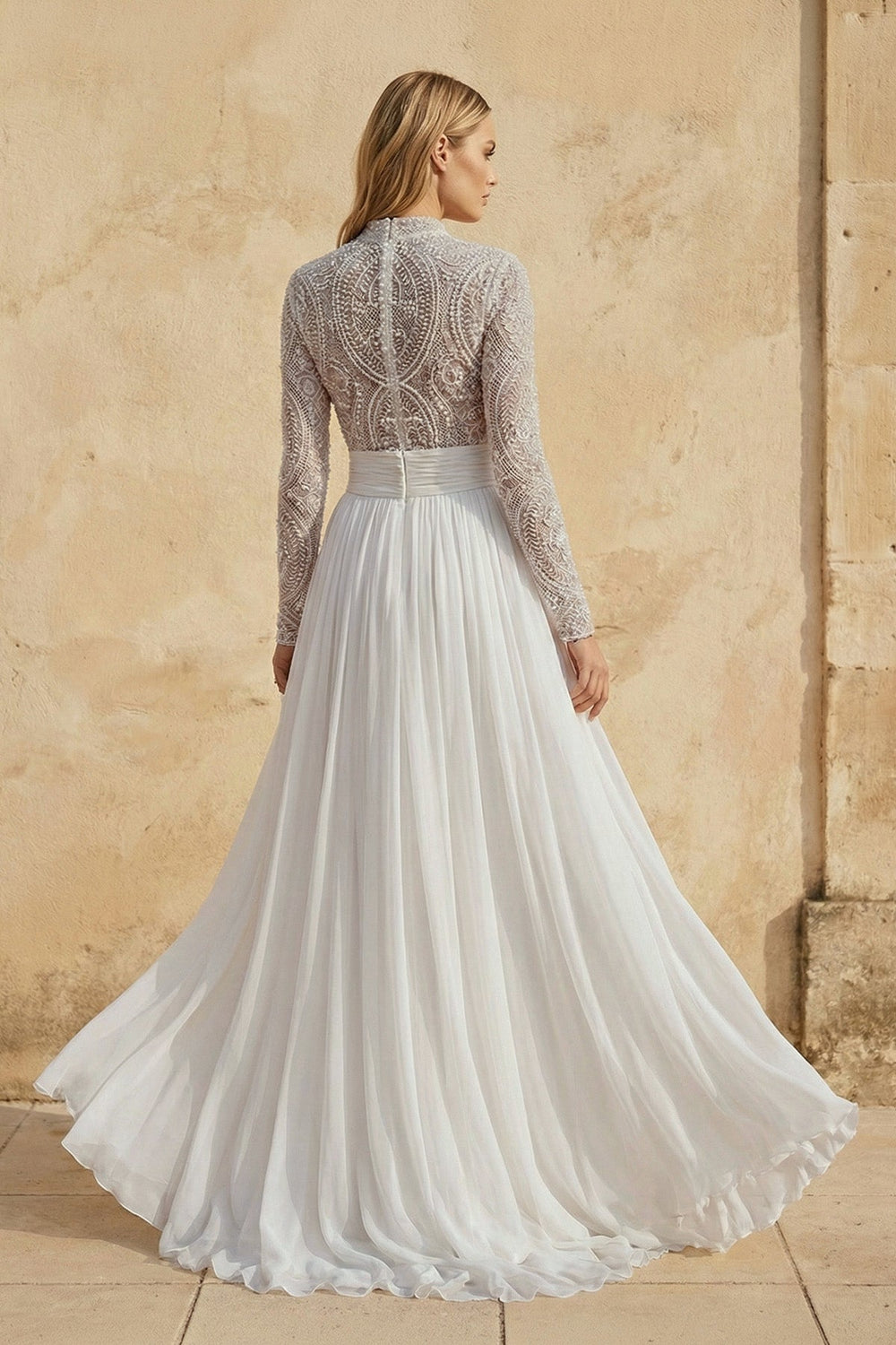 Scalloped Neck A Line Chiffon Wedding Dress in White and Nude - SHE IS ME Wedding Dresses