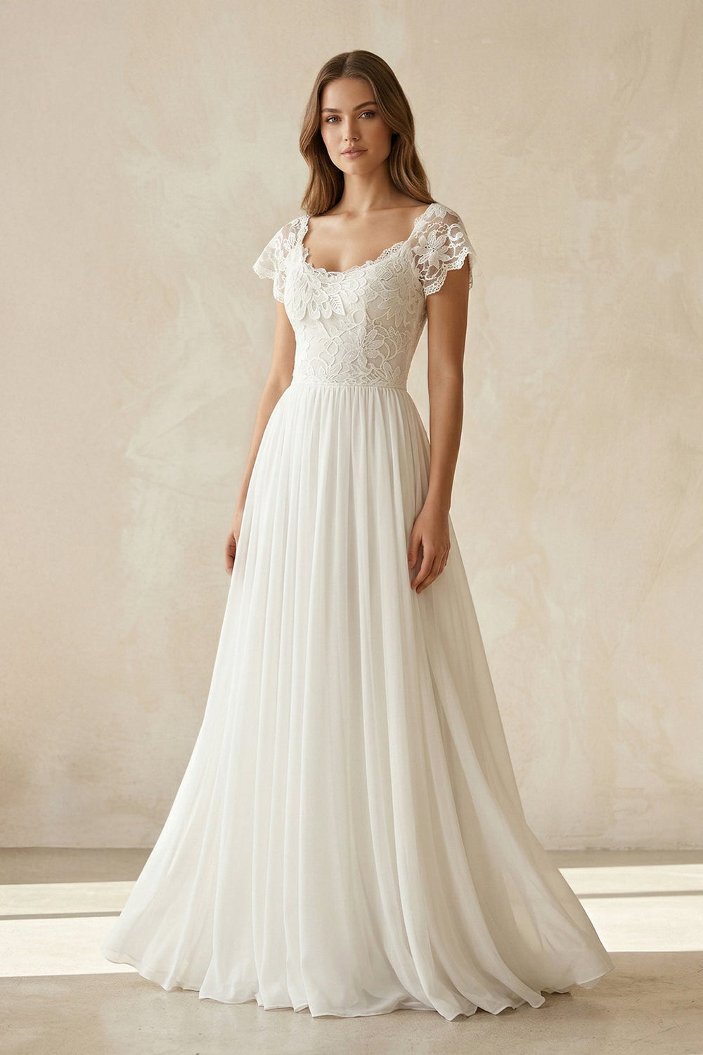 Scoop Neck A - Line Chiffon Appliqued Wedding Dress in White - SHE IS ME Wedding Dresses
