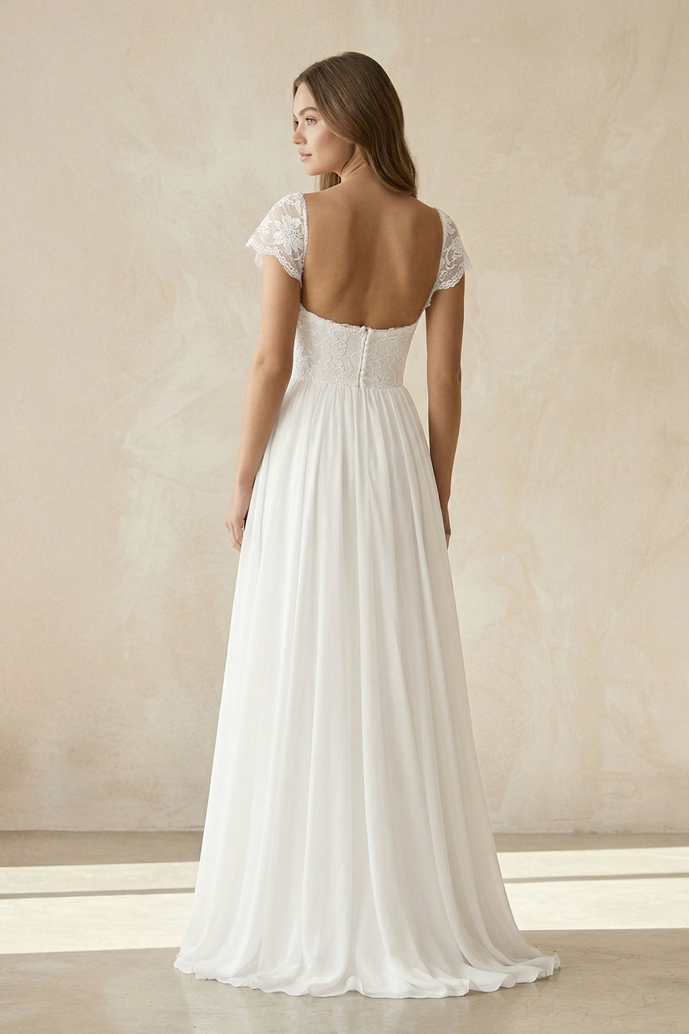 Scoop Neck A - Line Chiffon Appliqued Wedding Dress in White - SHE IS ME Wedding Dresses