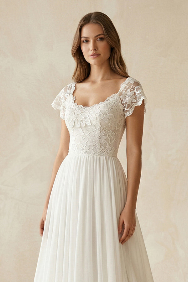 Scoop Neck A - Line Chiffon Appliqued Wedding Dress in White - SHE IS ME Wedding Dresses