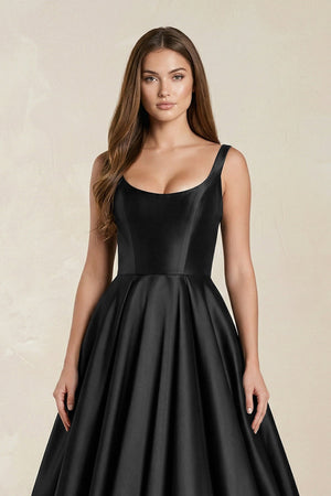 Scoop Neck A - Line Satin Maxi Wedding Dress in Black - SHE IS ME Wedding Dresses
