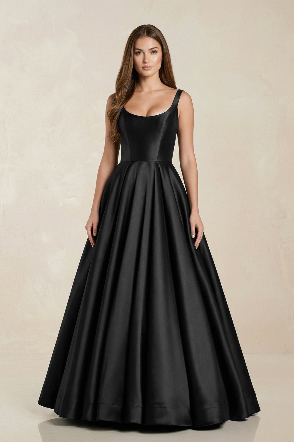 Scoop Neck A - Line Satin Maxi Wedding Dress in Black - SHE IS ME Wedding Dresses