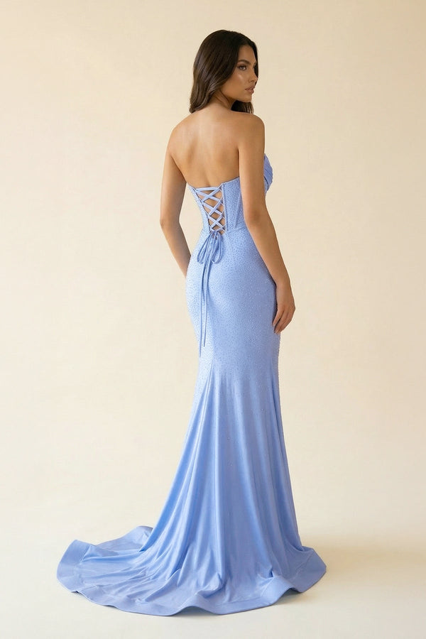 Scoop Neck Beaded Prom Dress With Slit in Blue - SHE IS ME Prom Dresses