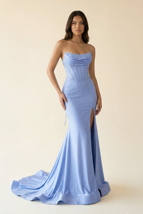 Scoop Neck Beaded Prom Dress With Slit in Blue - SHE IS ME Prom Dresses