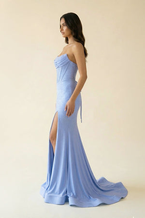 Scoop Neck Beaded Prom Dress With Slit in Blue - SHE IS ME Prom Dresses