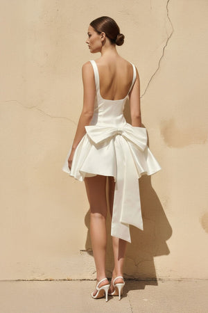 Scoop Neck Bow - Back Mini Dress in Ivory - SHE IS ME
