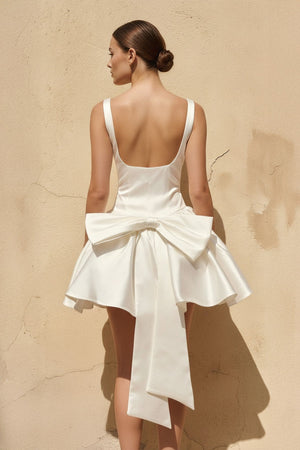 Scoop Neck Bow - Back Mini Dress in Ivory - SHE IS ME