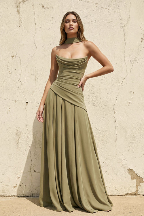 Sheisme-Olive Scoop-Neck Chiffon A-Line Maxi Evening Formal Dress