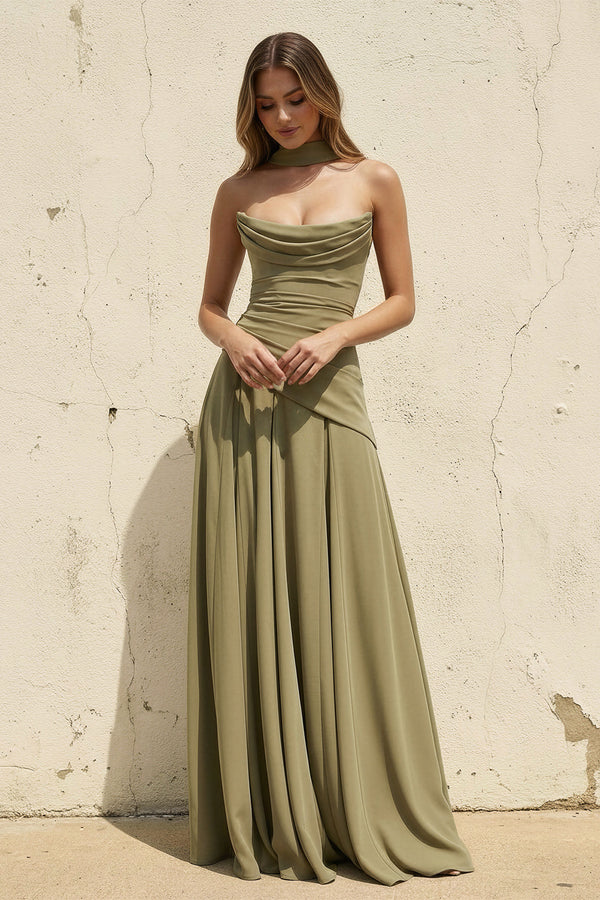Sheisme-Olive Scoop-Neck Chiffon A-Line Maxi Evening Formal Dress