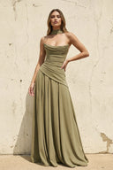 Scoop Neck Corset Gown with Scarf in Olive - KISSBRIDAL
