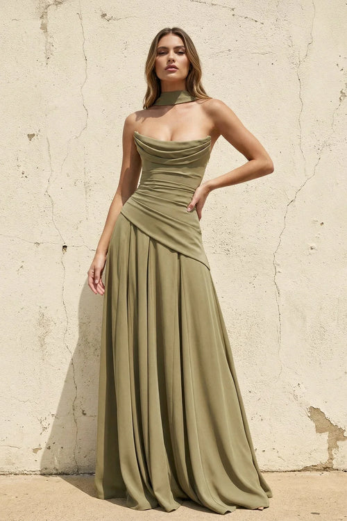 Scoop Neck Corset Gown with Scarf in Olive - KISSBRIDAL