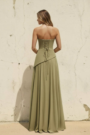 Scoop Neck Corset Gown with Scarf in Olive - SHE IS ME